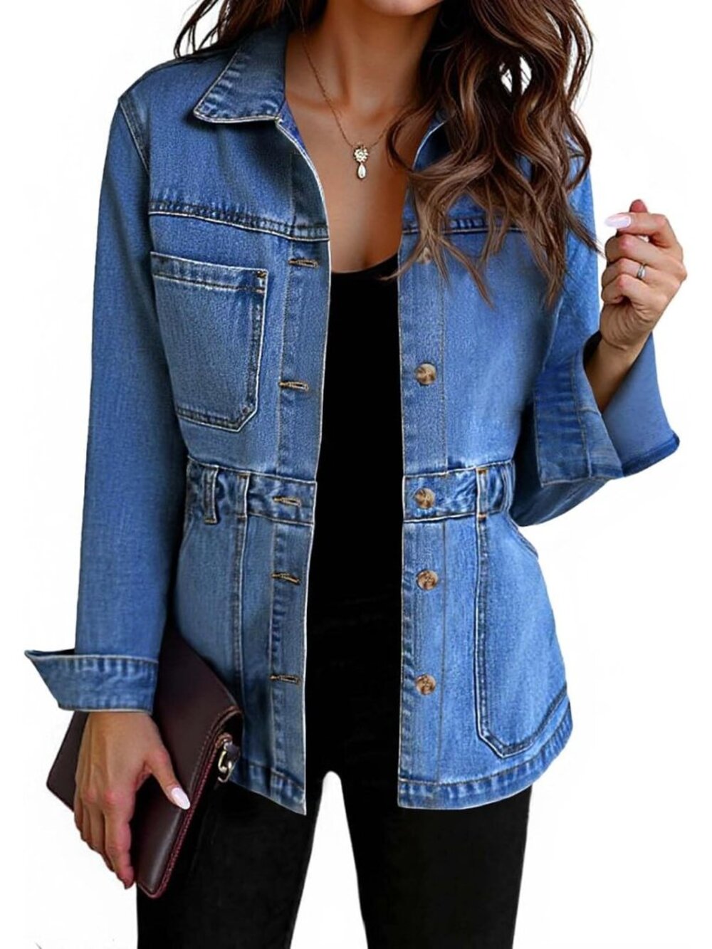 Women's Blue Denim Distressed Jean Jacket Oversized Button Down Front Jacket